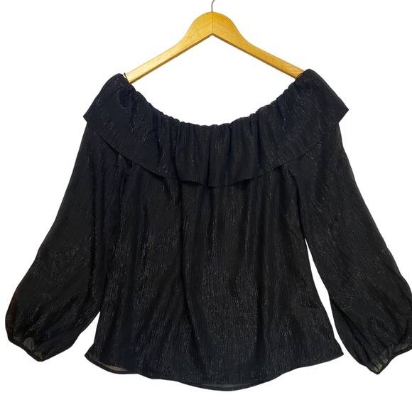 White House Black Market Womens Metallic Shimmer Off Shoulder Ruffle Blouse M - Picture 5 of 10